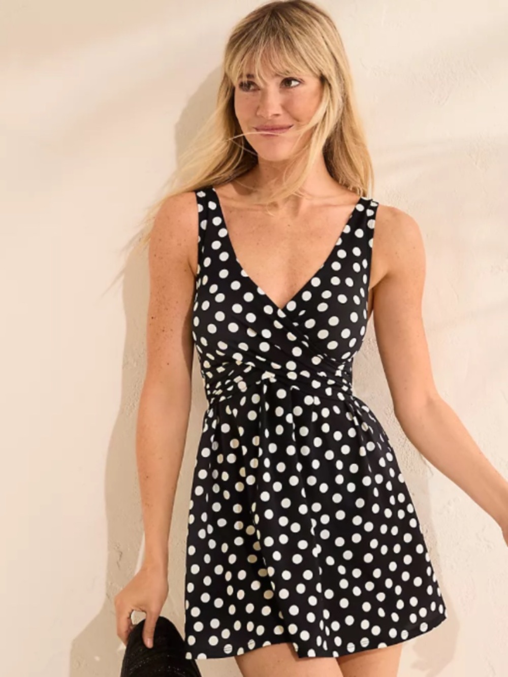 NWT Lands End Women's SlenderSuit Polka Dot Wrap Swim Dress Swimsuit - size 16